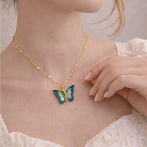 Luxury Butterfly Gold Chain Shimmering Blue-Green Wings Necklace
